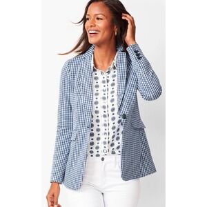 Talbots Women's 2 Knit Houndstooth Blue Beige Cotton Blend‎ Blazer One Button